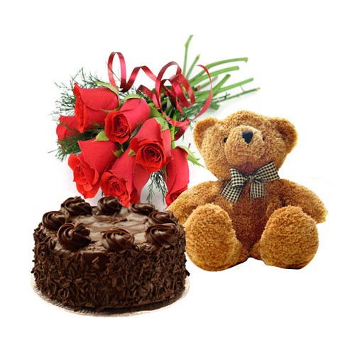 6 Red roses Half Kg chocolate truffle cake and Teddy